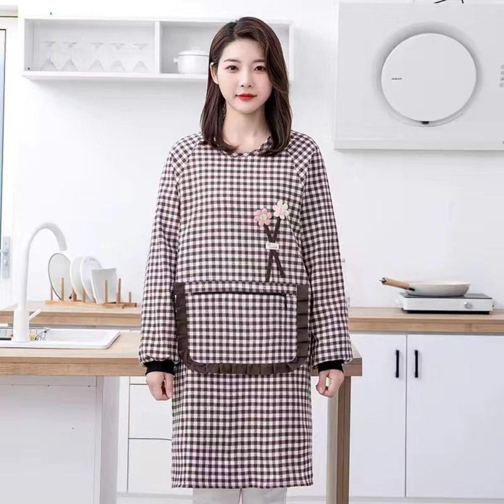 Dirt-resistant Women Long-sleeved Apron Breathable Kitchen Cooking Apron for Catering Work