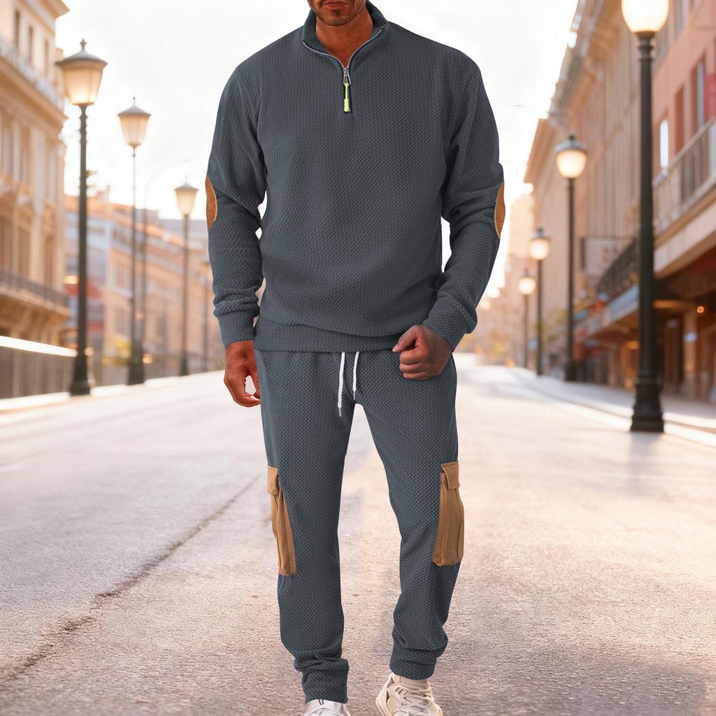 Men's Winter Fleece Tracksuit Sets Stand Collar Sweatshirt Cargo Sweatpants 2 Piece Jogging