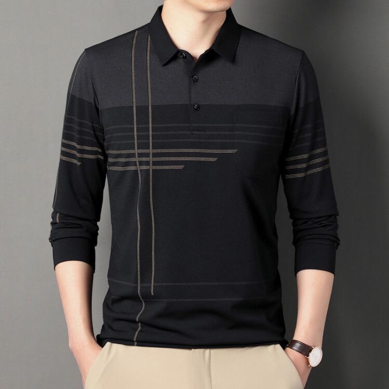 Men Casual Striped Long Sleeve Polo Shirt With Real Pocket Daily Wear Top
