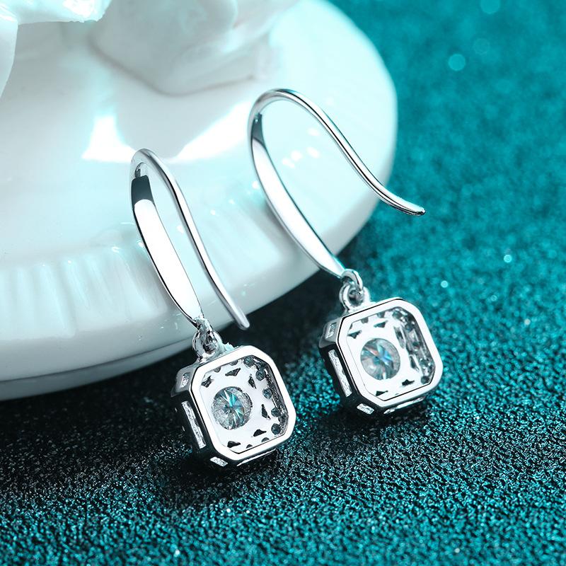 S925 Sterling Silver Female Square Bag Ear Hook Ear Accessories Pt950 Gold 50 Points Mosan Stone Earrings
