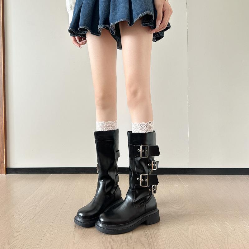 Cowhide version~ Genuine leather thick-soled medium boots women's autumn thick-heeled knight boots belt buckle Martin boots slim motorcycle boots