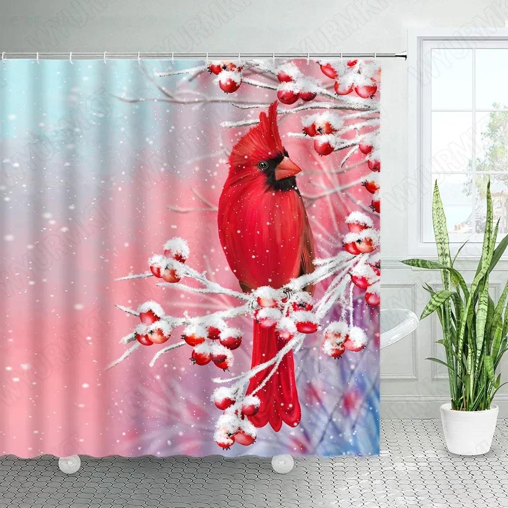 GAERed Birds Shower Curtains Snow Winter Berry Snow Tree Branch New Year Christmas Bath Curtain Set Cloth Bathroom Decor with
