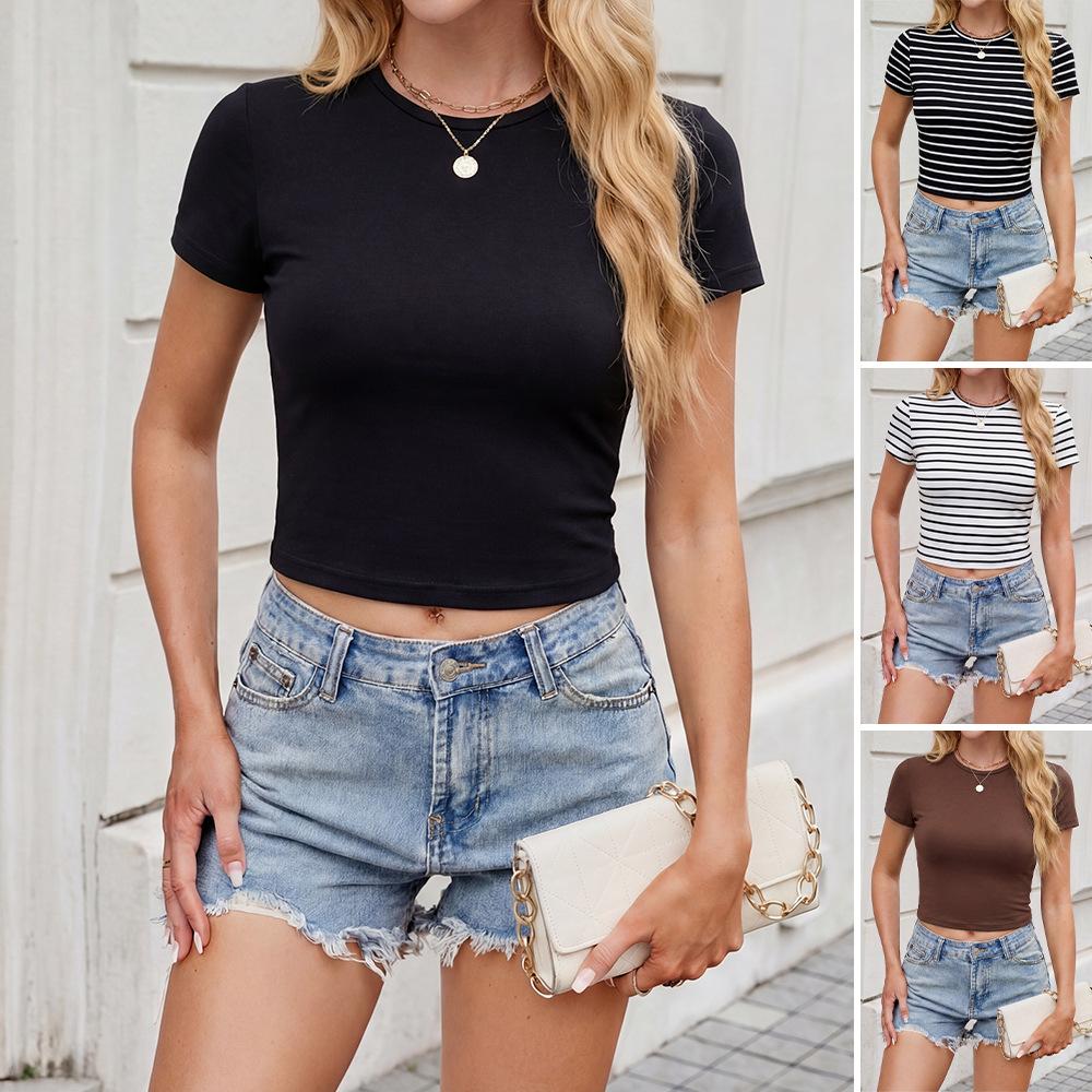 Damenbekleidung Europäische und amerikanische kurzärmelige Oberteile Damen Sommer dünn Knopfleiste Pullover Schulter vorne gestricktes High-End-T-Shirt