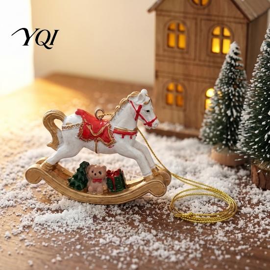 Xmas Window Wall Hangings Rocking Horse Christmas Ornament, Resin Tree Hanging Decoration with Seasonal Trims Bear Gift Box for Holiday Decor
