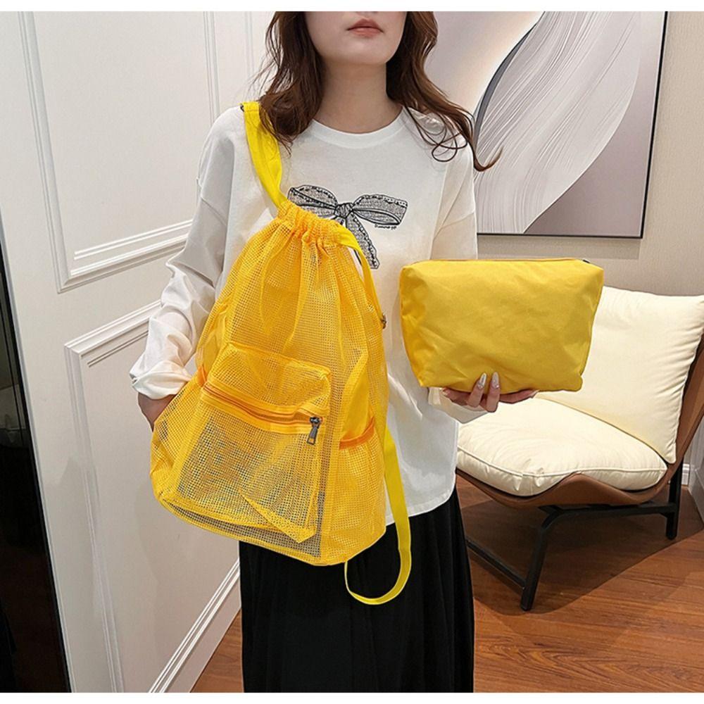 

Portable Nylon Backpack Hollow Mesh Beach Bag Cute Drawstring Backpack Travel жовтий