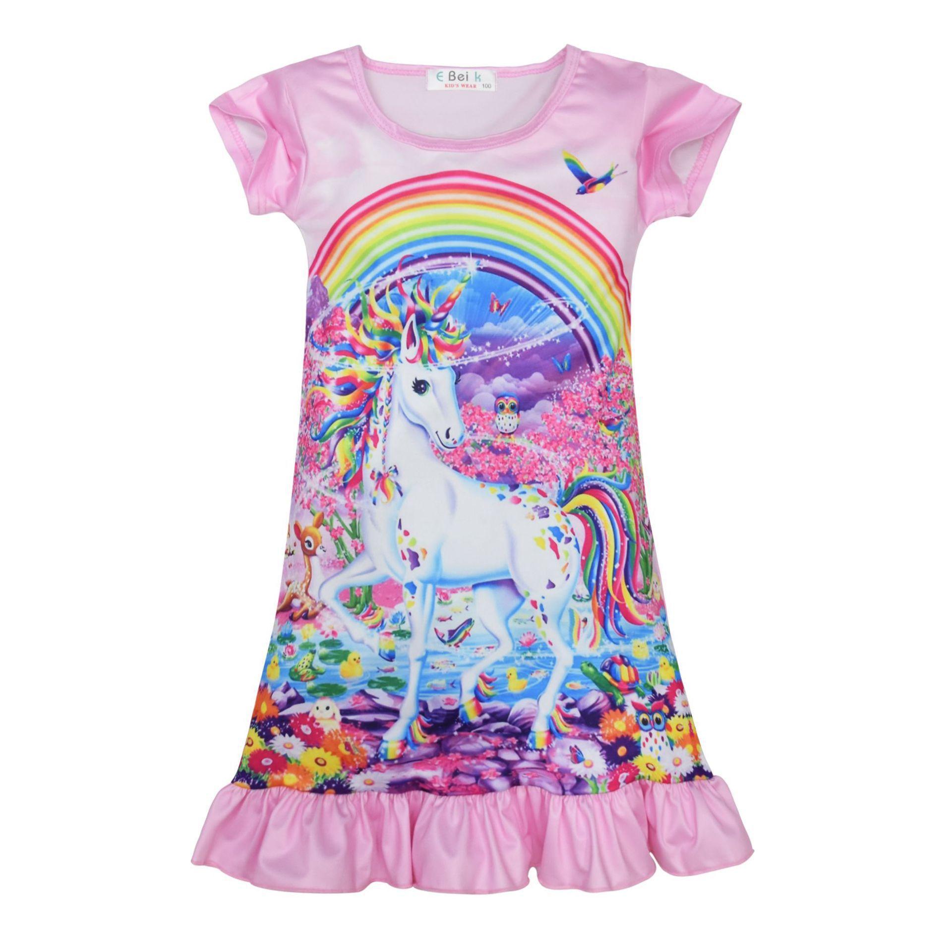 Girls Dress Cartoon Digital Printing Ice Silk Short Sleeve Pajamas Pajamas Homewear Skirt 3145 100 розовый