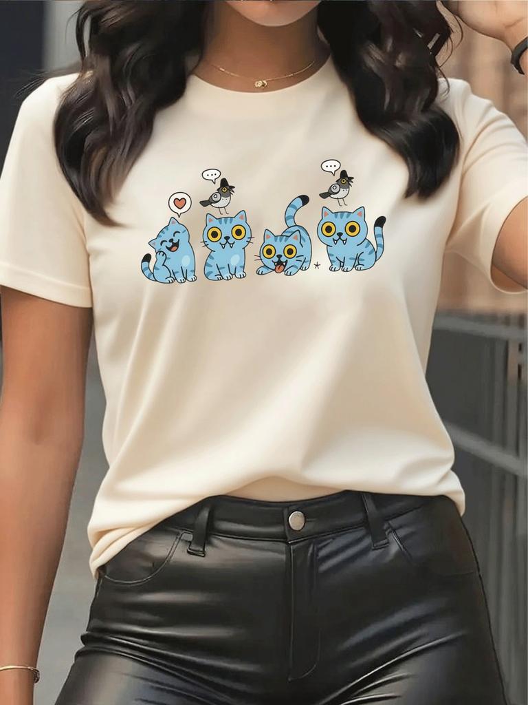 Women's Y2k Kpop-huntrix-tee T-shirt Cute Blue Cats Graphic Tee Soft Stretchy Crewneck Top For Casual Everyday Concert Outfits