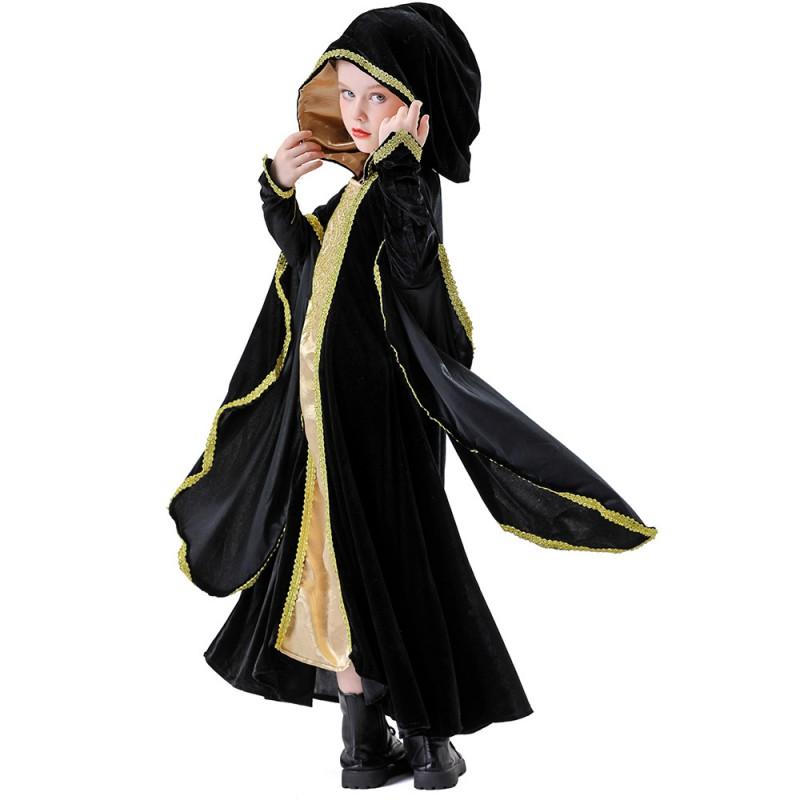 Medieval Queen Costume Kids Gothic Renaissance Dress Halloween Party Cosplay Outfit With Hooded Skirt