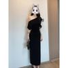 Light and Mature Style Black Slanted Shoulder Dress, Girlish Temperament Waist Long Dress, Zixia