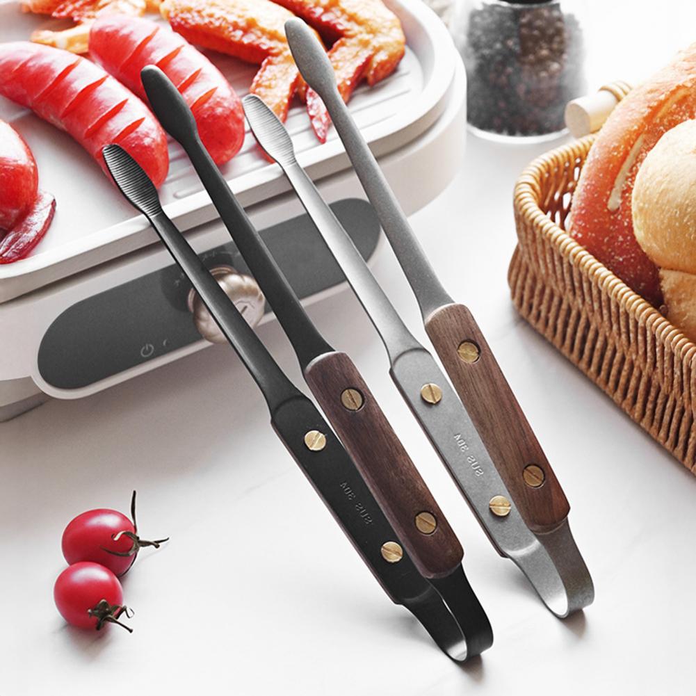 Stainless Steel Kitchen Tongs Rust Resistant Cooking Clamp Stainless Steel Cooking Tongs with Walnut Handle Heat for Grilling