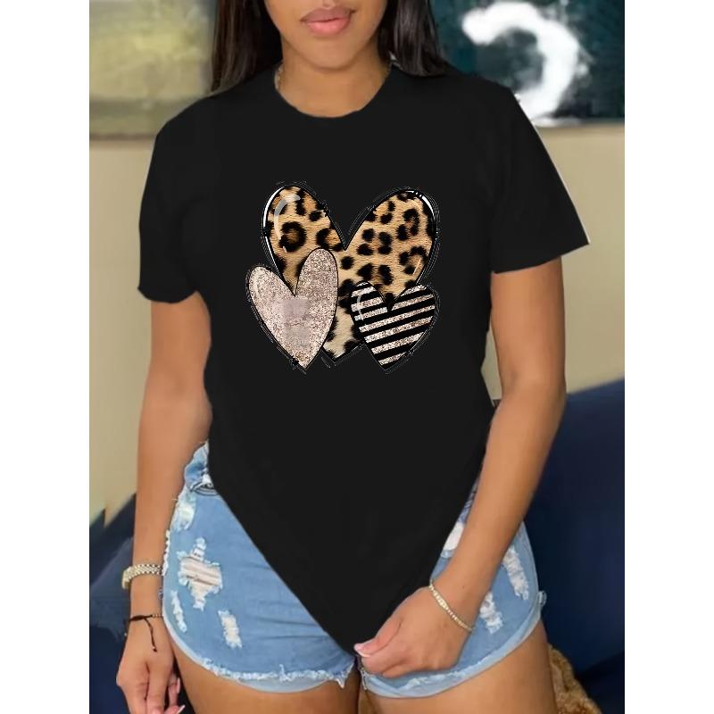 

European sizes Heart Print T-shirt, Short Sleeve Crew Neck Casual Top For Summer & Spring, Women s Clothing 4XL