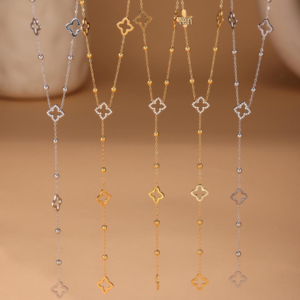 Qiong Yao 5A Zircon Clover Gold Bean Tassel Double Layer Stackable Clavicle Chain Necklace