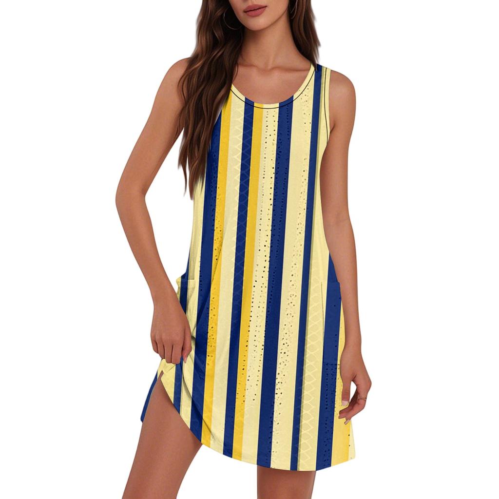 Women's Fashion Casual V-Neck Sleeveless Striped Print Dress