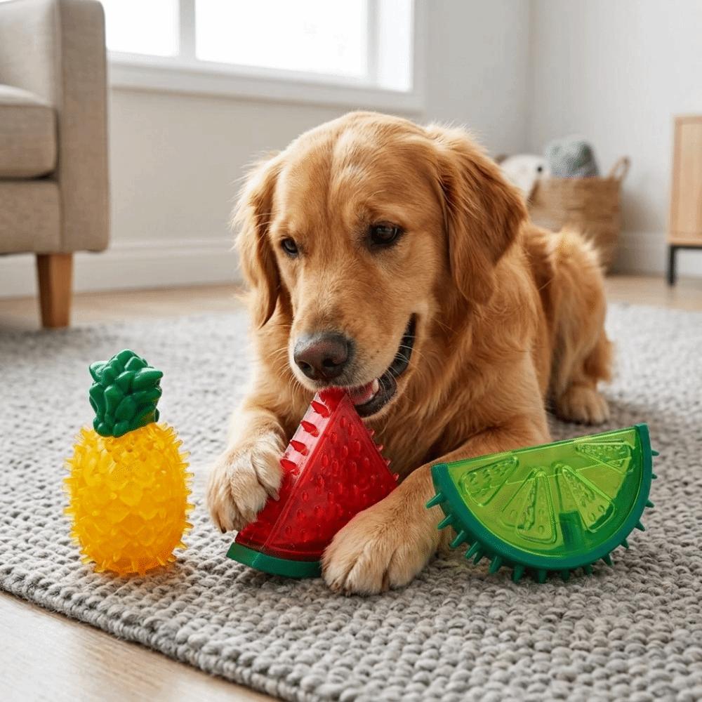 Elastic Surface Cooling Chew Toy Multi Shades Fruit Chew Toy Squeaky Dog Toy  Puppy Teething
