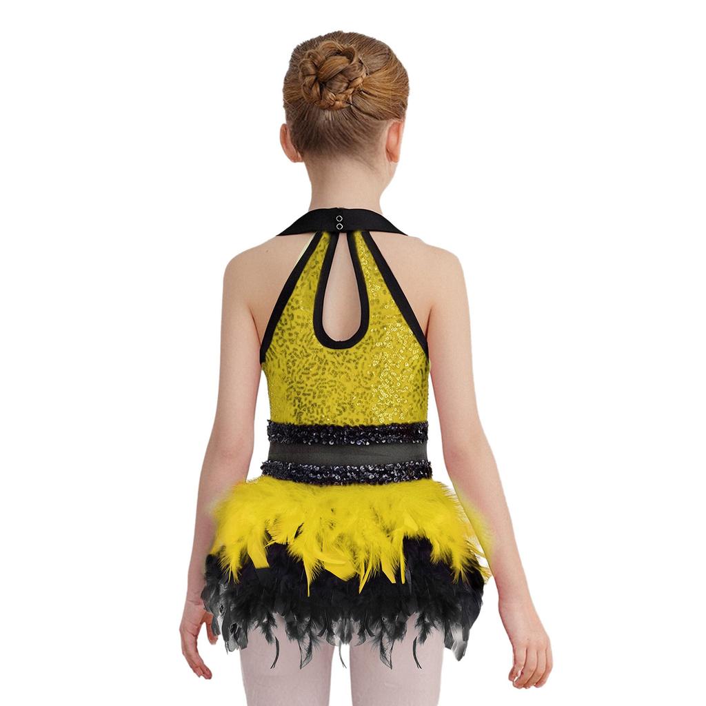 Kids Stage Performance Costume Turn-Down Collar Sleeveless Sheer Mesh Keyhole Back Sequins Leotard