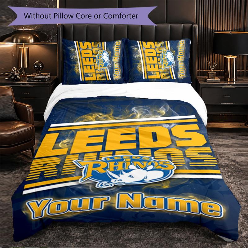 Set Biancheria da Letto Personalizzato Leeds Rhinos con Nome Testo, 1 Copripiumino & 2 Federe Regalo Personalizzato per Camera da Letto