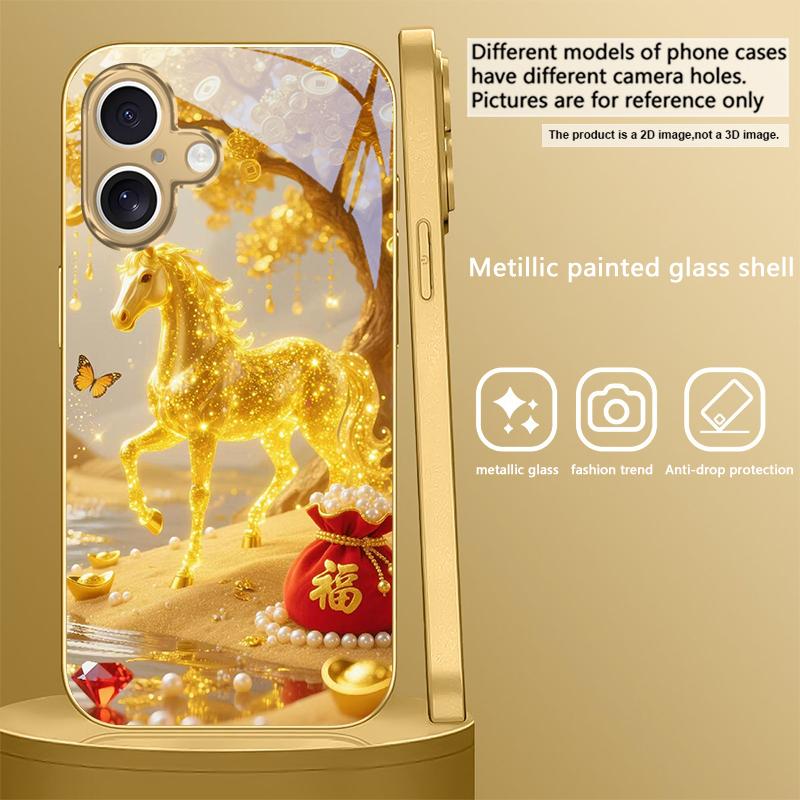 The Golden Lucky Horse For iPhone 17 Pro Max 16 16E 15 14 13 Plus 12 Mini 11 15Pro 17 Air XR X 17ProMax Golden Glass Phone Case