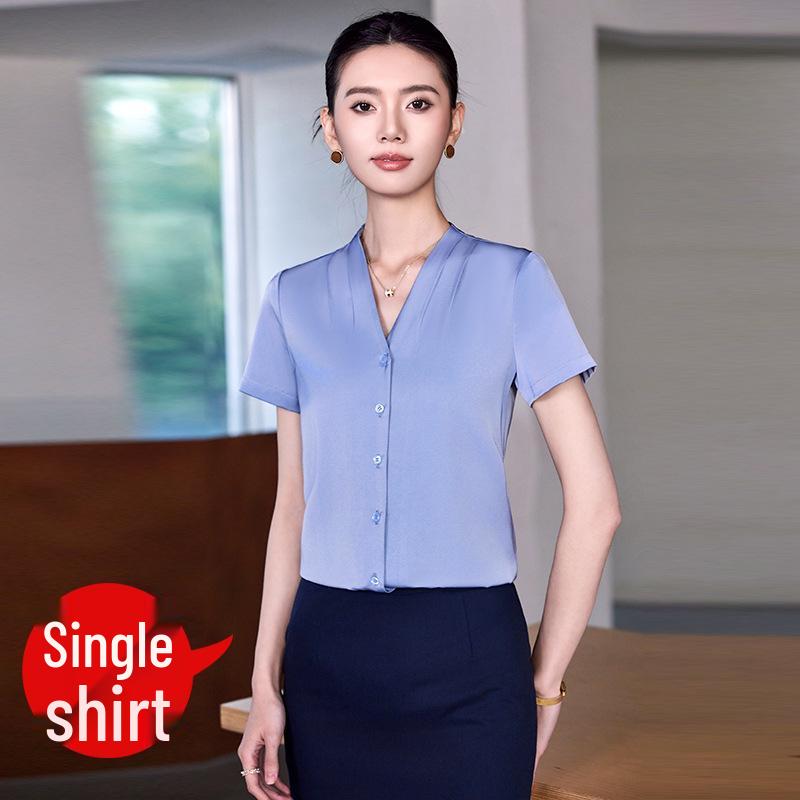 

Women s Short Sleeve Chiffon V-Neck Blouse - Summer 2025 French Style L