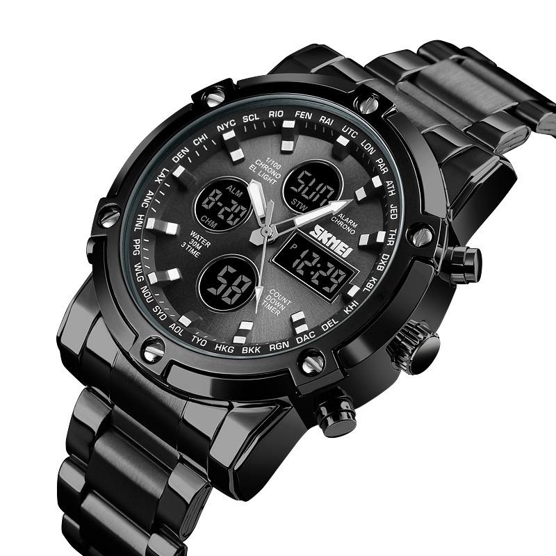 Skmei Military Sports Watches for Mens Analog Digital Display LED Waterproof Chronograph Three Time Zones Quartz Calendar Watch