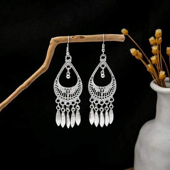 Peacock Tassel Earrings with Hollow Leaf Design in Retro Ethnic Style Imitation Silver for Women