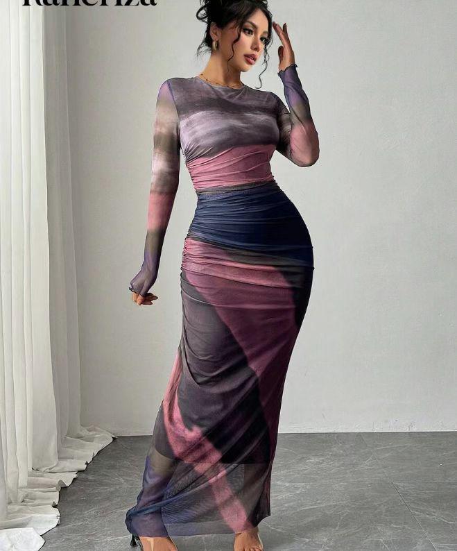 2024 European & American Fashion Mesh Print Ruffle Bodycon Dress