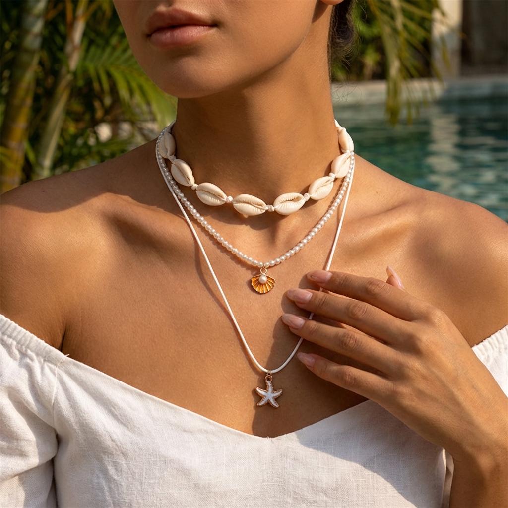 Boho Multilayer Shell Starfish Pendant Necklace for Women Imitation Pearl Conch Layered Chain Choker Girls Beach Party Jewelry