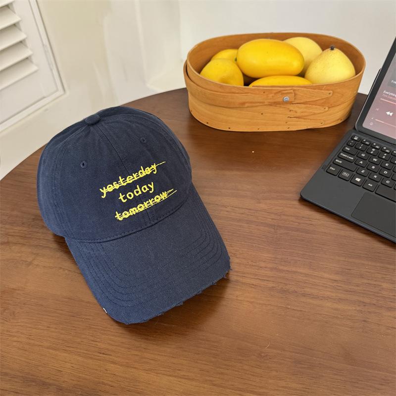 American Ripped Baseball Cap Women's Spring and Summer Letter Embroidery Washed Peaked Cap Showing Small Face Plus Large Brim Sun Hat Men