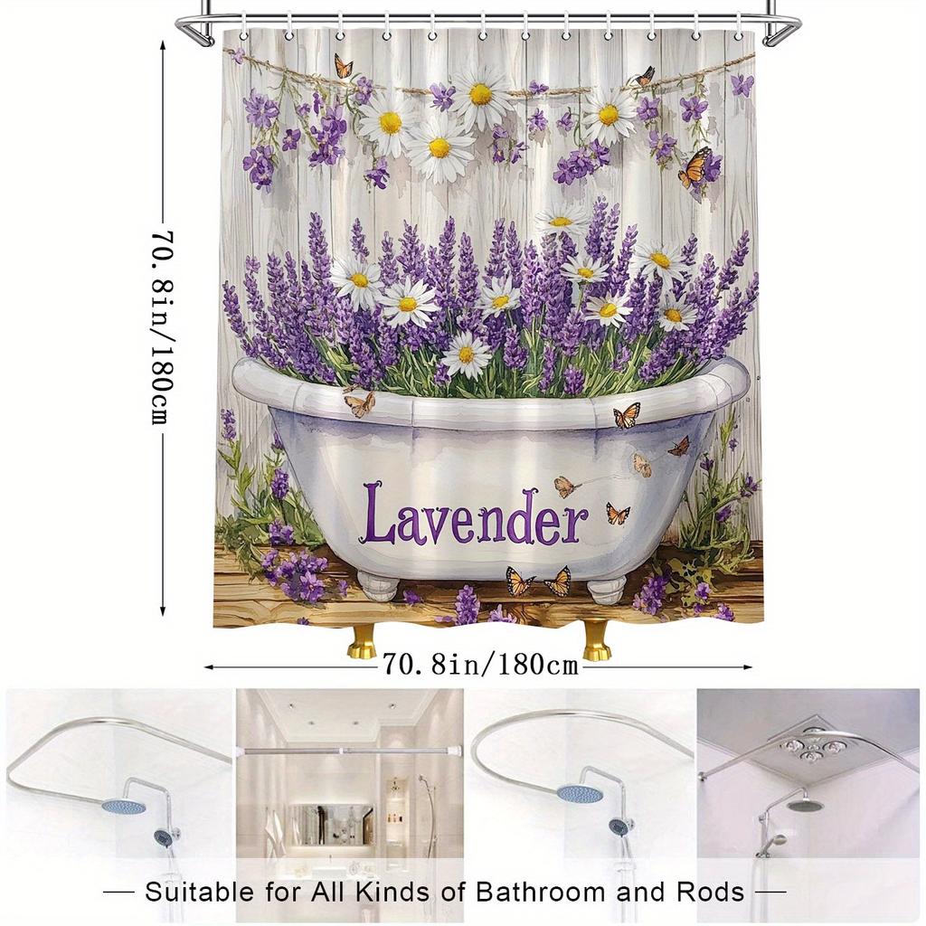 Lavender Garden Shower Curtain - Water-Resistant, Purple Flowers & Butterflies With Rustic Fence, 70X70 Inches | Polyester