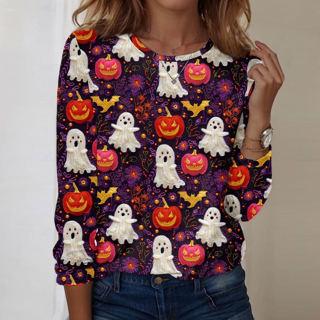 Langarmshirts Für Damen Niedliche Halloween-Print Grafik-T-Shirts Blusen Lässig Große Größen Basis-Oberteile Pullover