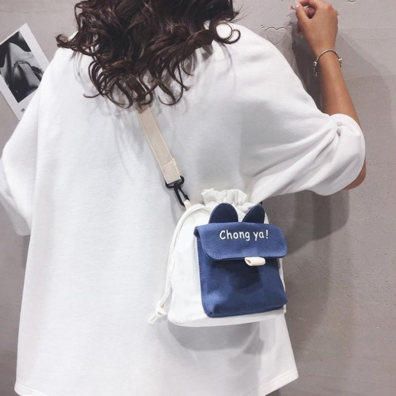 Cute Canvas Bag New Solid Color, Small Ear Crossbody Bag Women's Ins Style Large Capacity Crossbody Bag