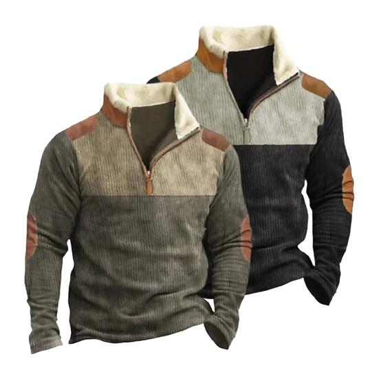 Fall Winter Men Sweatshirt Color Matching Patchwork Plush Zipper Stand Collar Retro Pullover