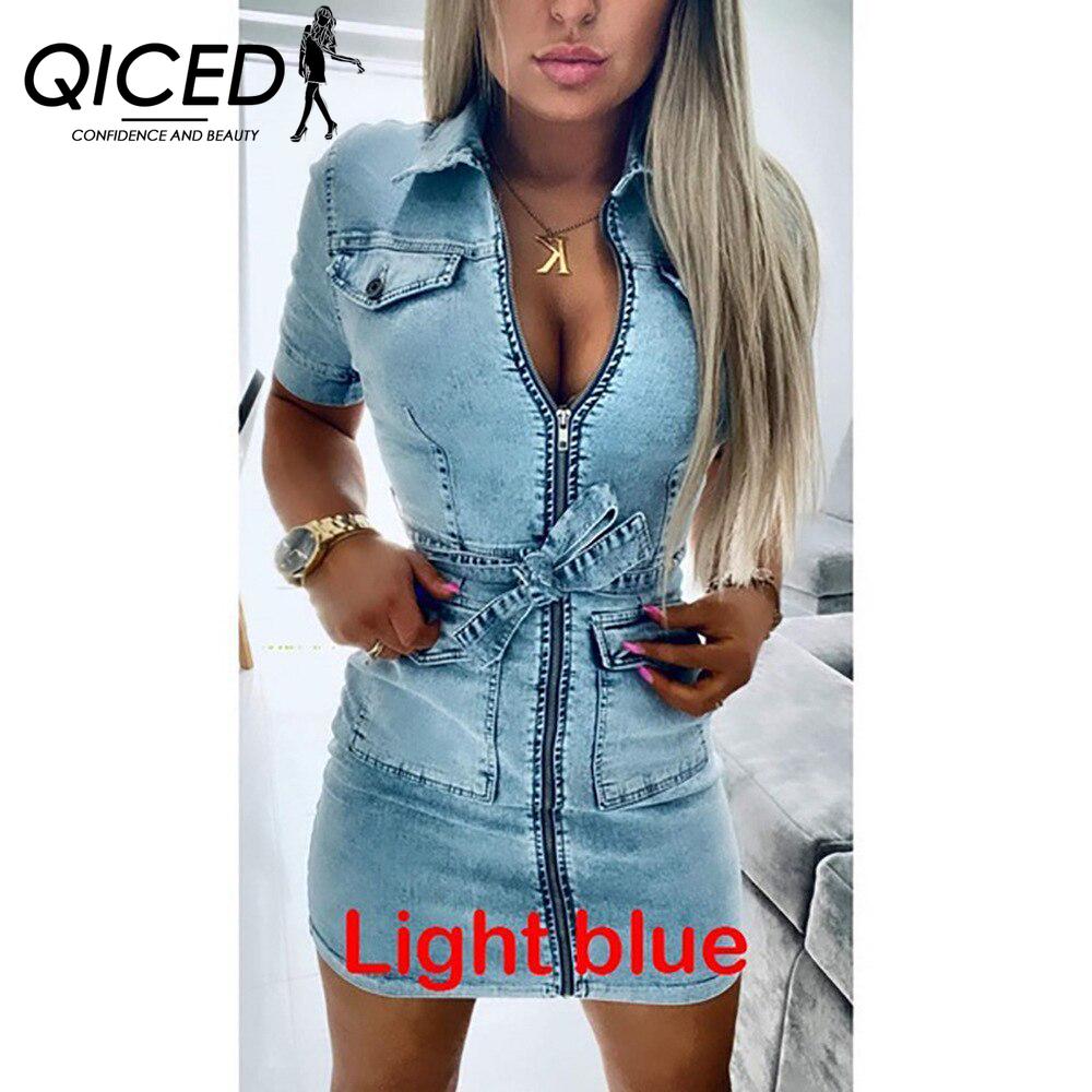 

QICED женское модное джинсовое платье с коротким рукавом на молнии, лето-весна M синий