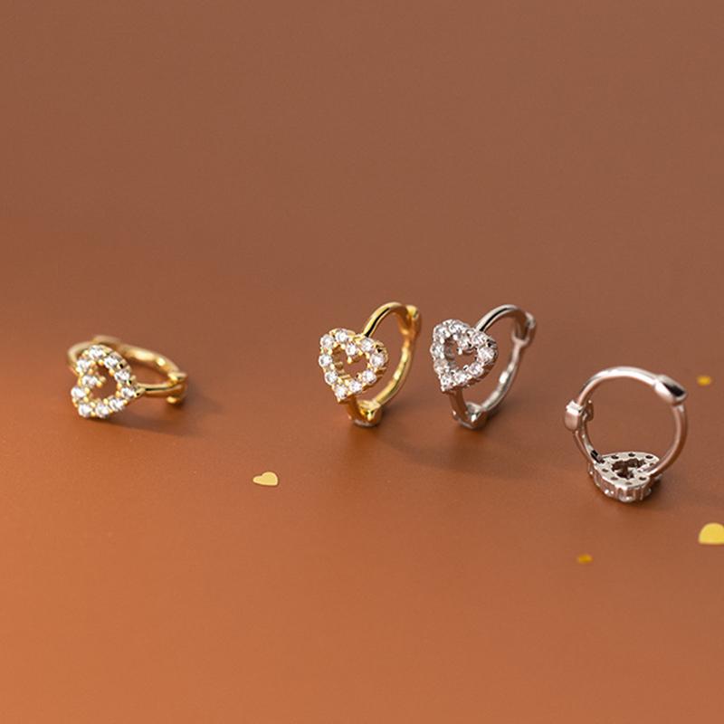 Real 925 Silver Minimalist Love Heart CZ Crystal Hoop Earrings For Women Girl Small Micro Zircon Ear Buckle Jewelry