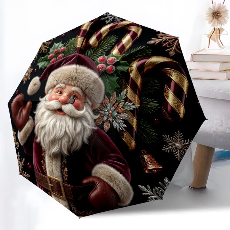 1pc Sturdy 8-Bone Auto Umbrella, Christmas Festive Santa Snowman Umbrella, Digital Printed, Foldable Umbrella for On-the-Go Outdoor Use