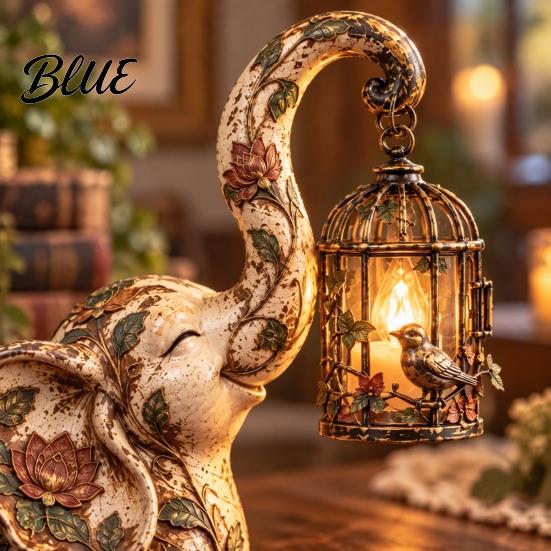 Elephant Lantern Decor Vintage Lantern Decorative Light Resin Retro Table Lamp with Bird Cage Desk Light Design for Home Decor Creative Desktop