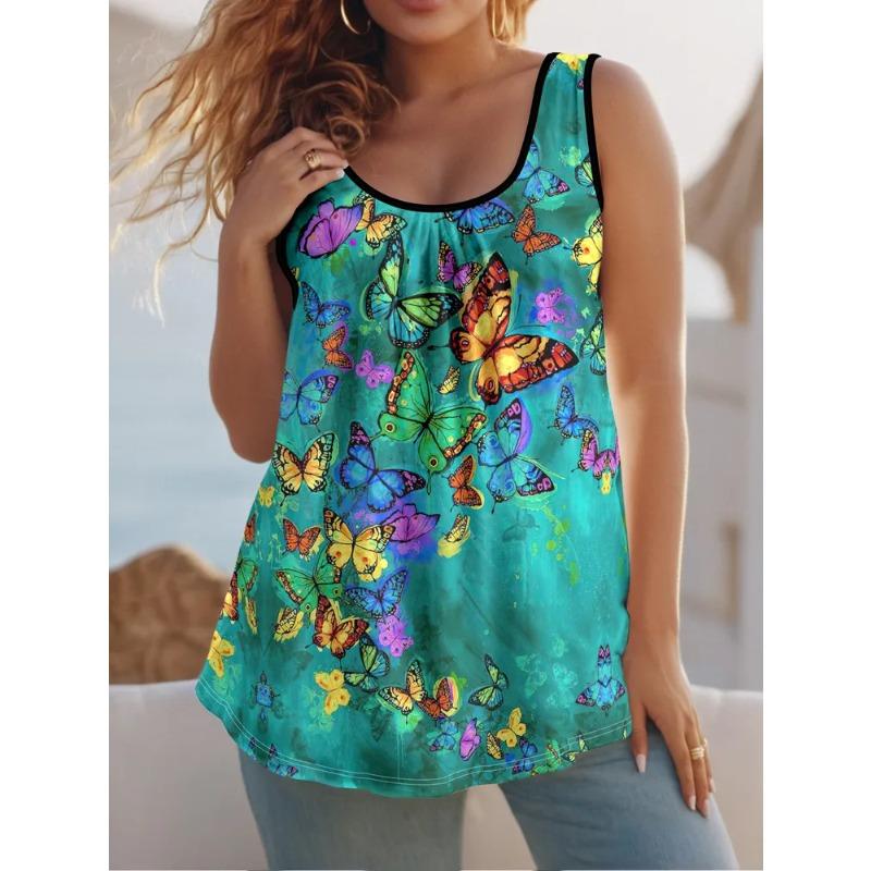 Summer Creative Colorful Beautiful Butterfly Print Women's Sleeveless Vest Casual Loose Fashionable Comfortable Vest