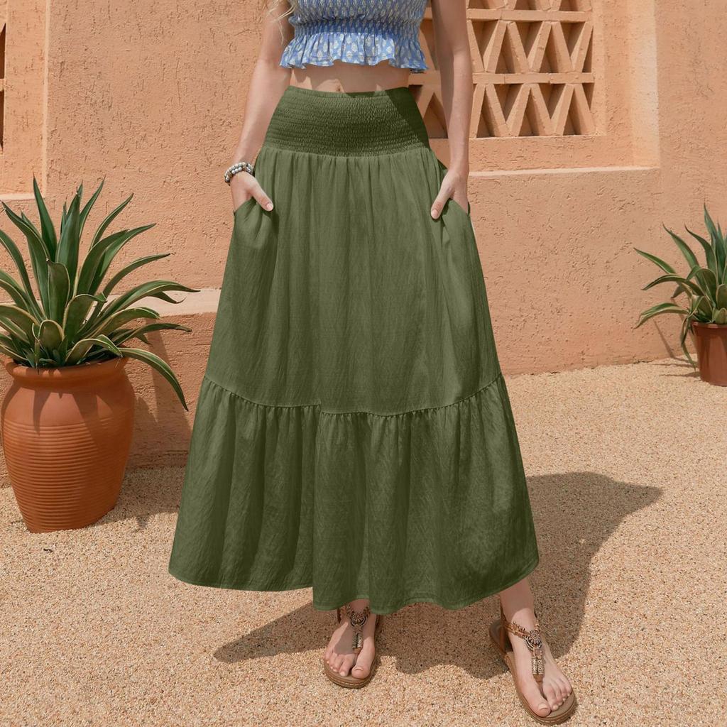 Falda Midi Casual Holgada de Verano para Mujer, Colorida, Cintura Elástica, Línea A, Bolsillo, Cintura Alta