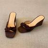 Sheepskin Version~ French Bow Wedge Heel Open-toed One-word Slippers for Women's New Summer Beach Sandals