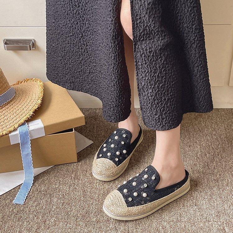 Fisherman Baotou Half Slippers Women's New Summer 2024 Korean Version Casual Outer Wear Pearl Rhinestone Thick-bottomed Straw Slippers
