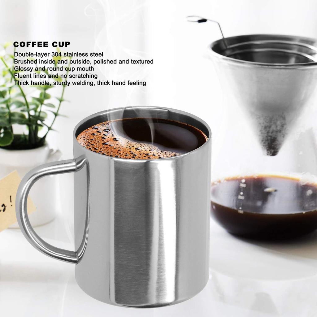 304 Stainl Steel Double-Layer Scald Coffee Tea Mug with Silver Handle, 400ml Premium Dinnerware Cup for Hot Drinks (Silver)