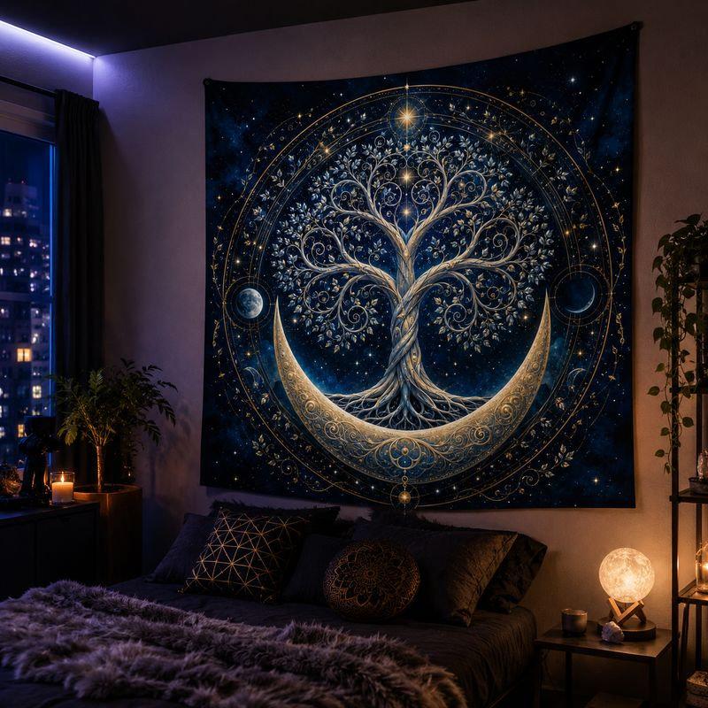 Tree of Life and Moon Phases Tapestry Wall Hanging Gold Starry Boho Mystical Celestial Aesthetic Wall Art Bedroom Decor