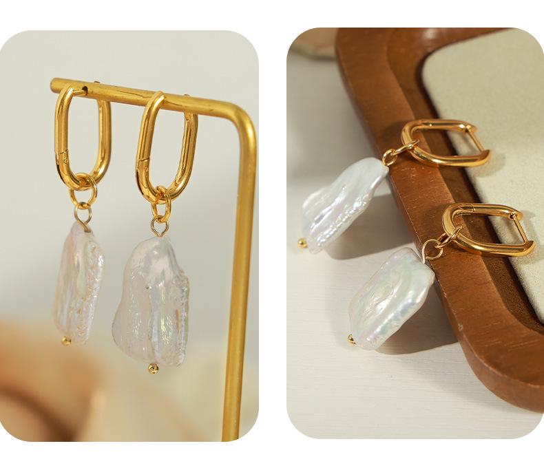 Gold-Plated Titanium Steel Irregular Freshwater Pearl Earrings - Retro Light Luxury Style for Women