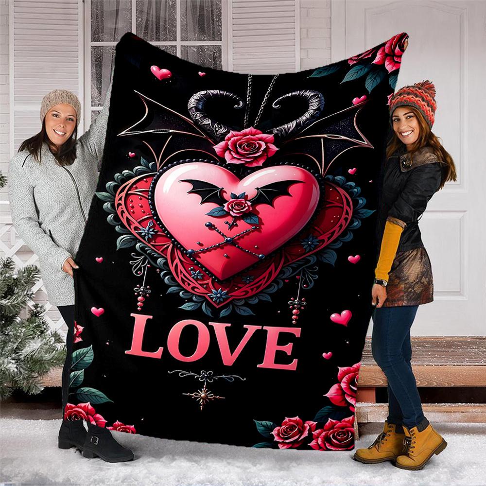 1pc Heartbeat Roses Outdoor Flannel Blanket Soft All Season Polyester Throw , Perfect for Picnics & Travel , Picnic Accessory