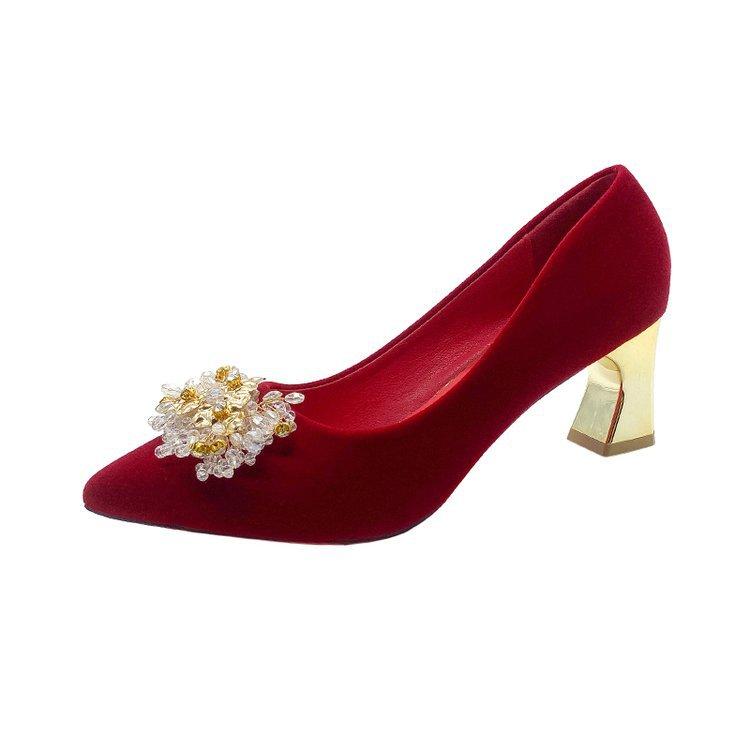 Wedding shoes women's pointed wedding bride shoes 2024 new Chinese thick heel single shoes Xiuhe rhinestone red high heels