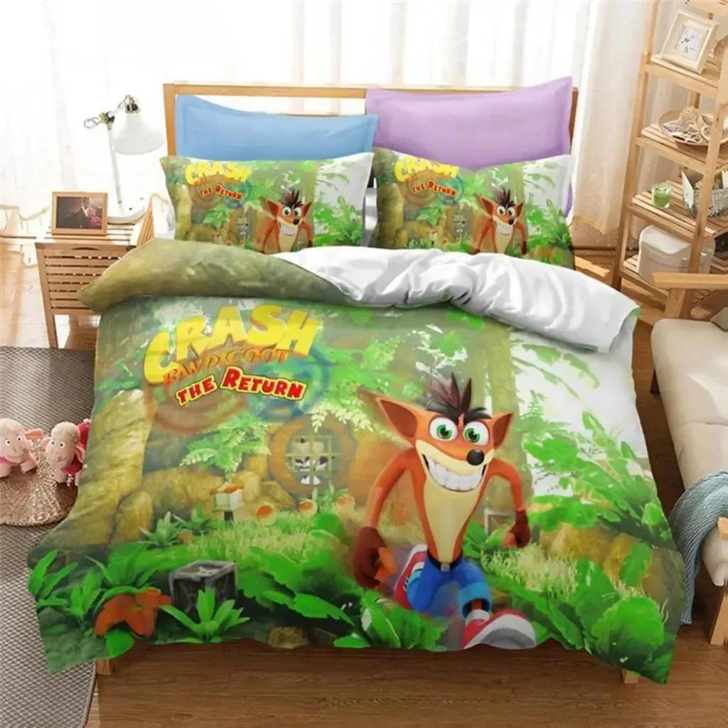 Luxuriöses neues 3D-Druck-Bettwäscheset mit Crash Bandicoot-Spielmotiven für Jungen und Mädchen, Einzel- und Doppelbett, Kissenbezüge, Kinder- und Erwachsenenmode, Heimtextilien