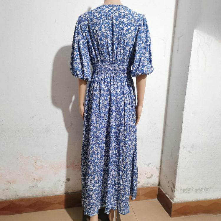 Women Casual Floral Print Bohemian Beach Dress Spring Summer V-neck Short Sleeve A-Line High Waist Elastic Ankle-Length Slit Dress