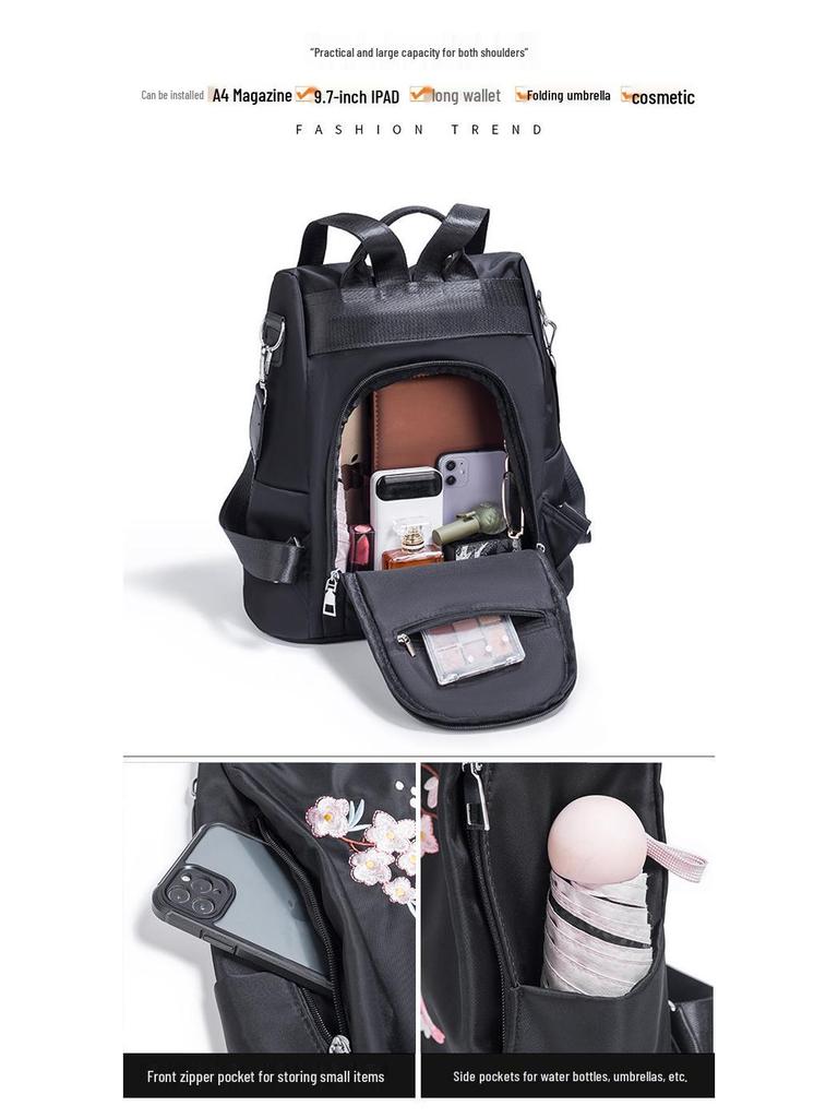 Women's Oxford Cloth Floral Embroidered Anti-Theft Travel Backpack - Lightweight, Fashionable Shoulder Bag for School and Casual Use