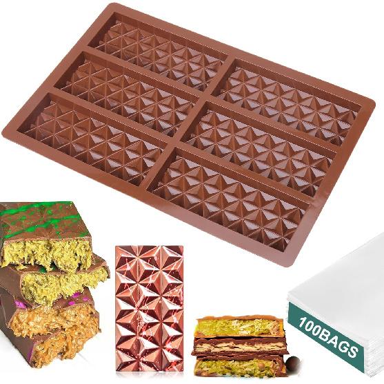 Mity rain Chocolate Bar Mold - Deep Chocolate Bar Pistachio, Knafeh Pistachio Chocolate Bar Thick Silicone Tray, Diamond Candy Mould with 100PCS 1