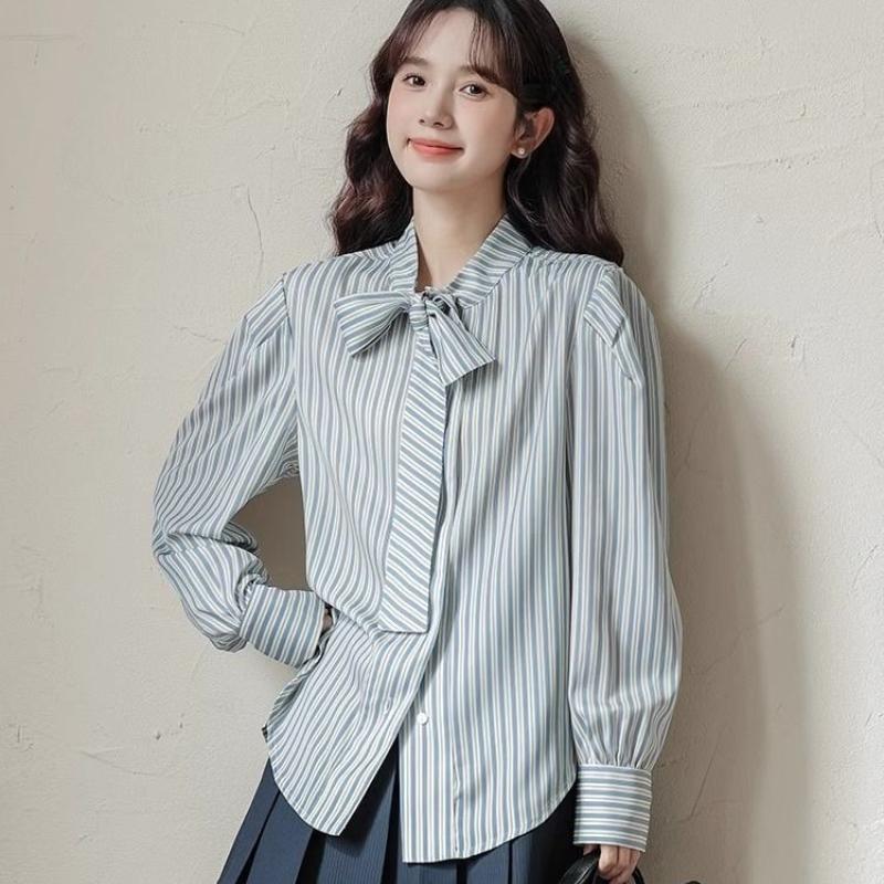 Ladies' Striped Shirt Women's Bow Tie Round Neck Long Sleeved Blouse Spring New Version Korean Style Loose Versatile Casual Top