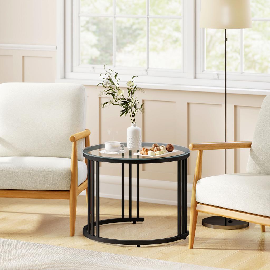 Round Coffee Tables Set Of 2 Nesting Tables With Tempered Glass Top And Steel Frame Black